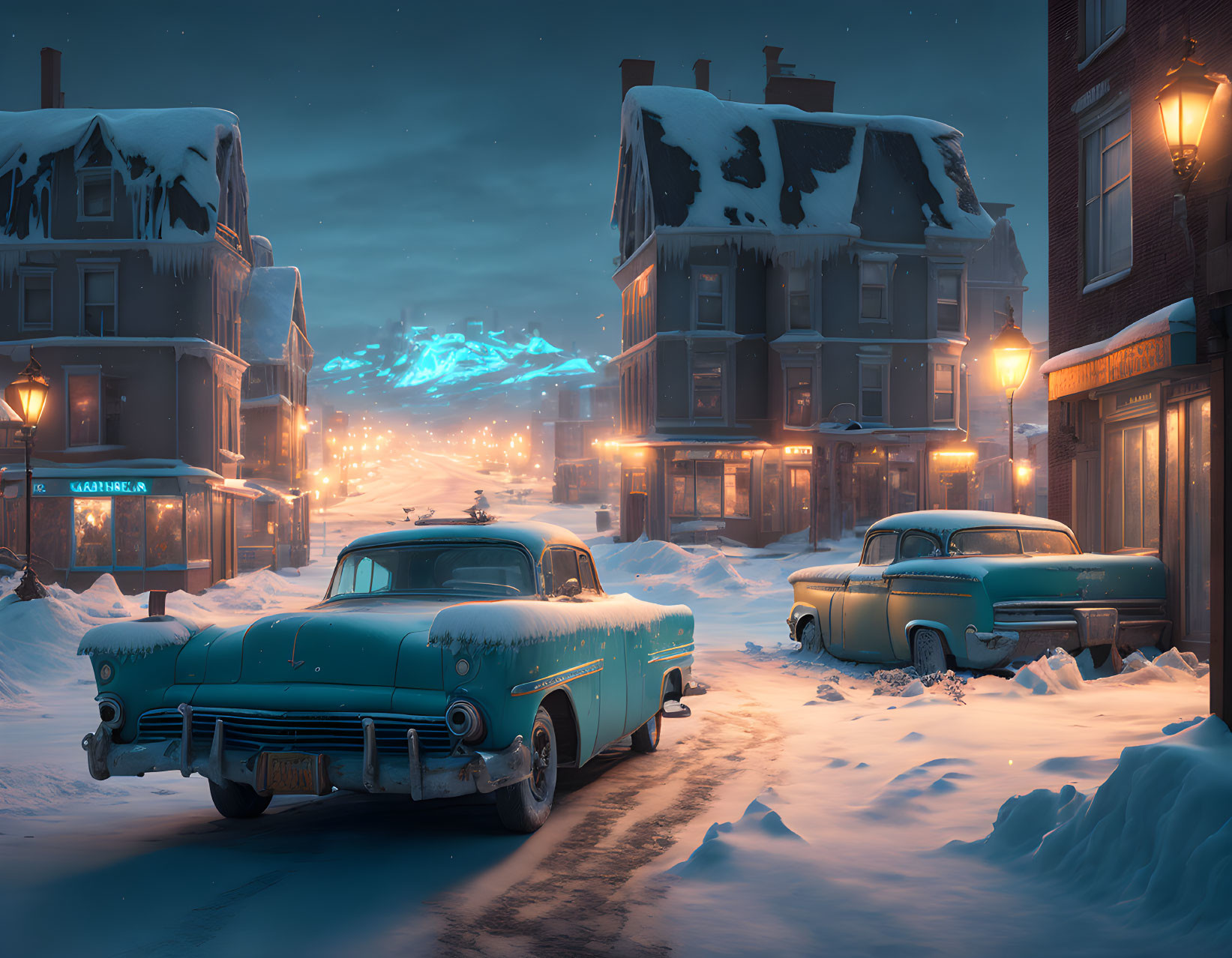 Snowy Night Street Scene with Vintage Cars and Northern Lights