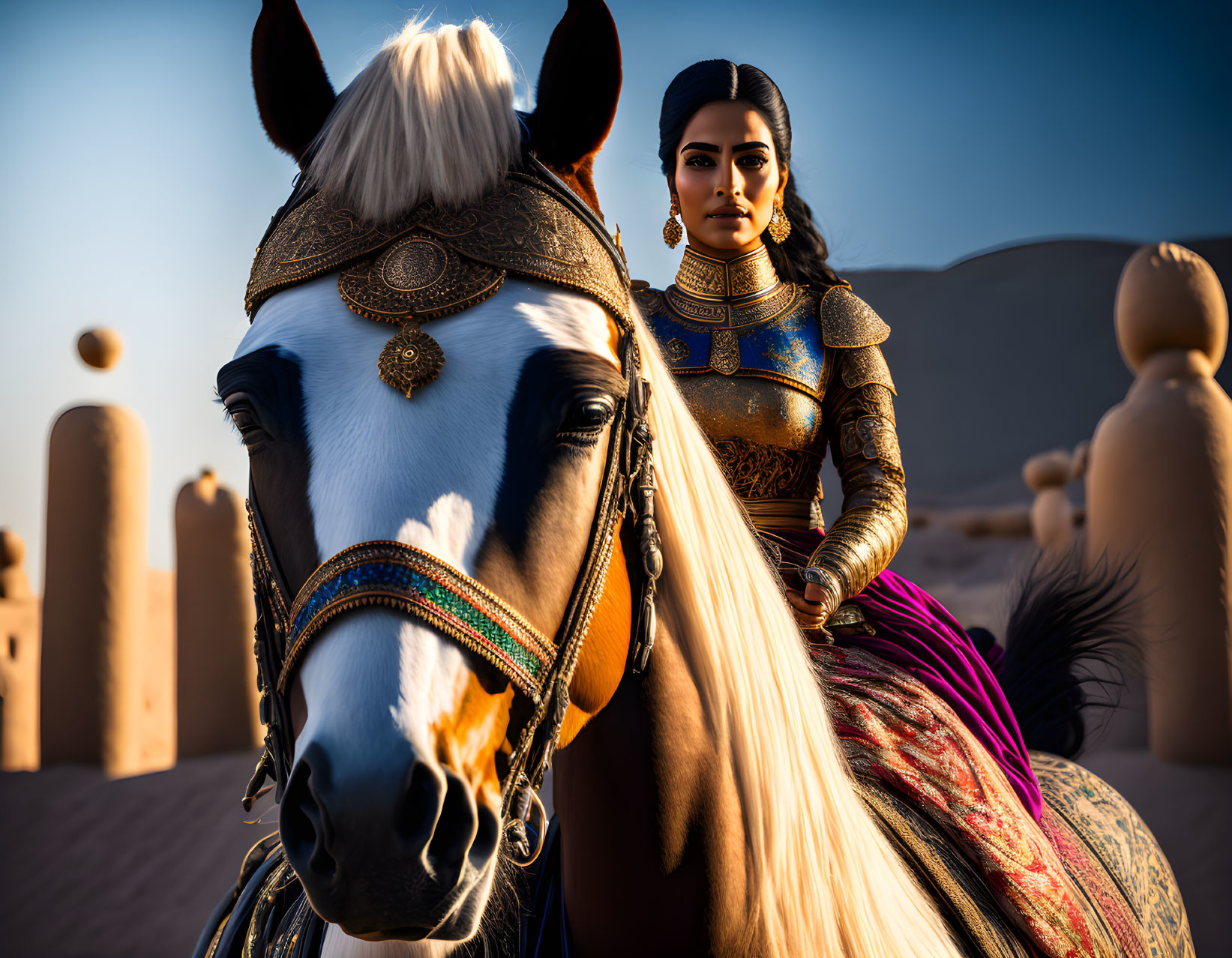 Woman in ornate armor on decorated horse in desert with sand structures