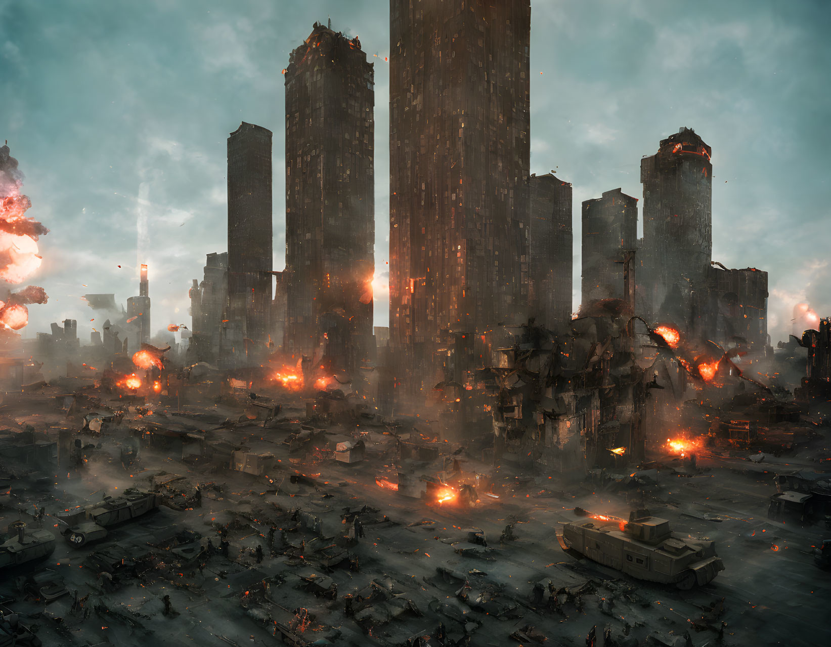 Dystopian cityscape with towering buildings, explosions, fires, and military vehicles.