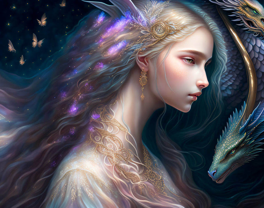 Ethereal woman with dragon companion in cosmic setting