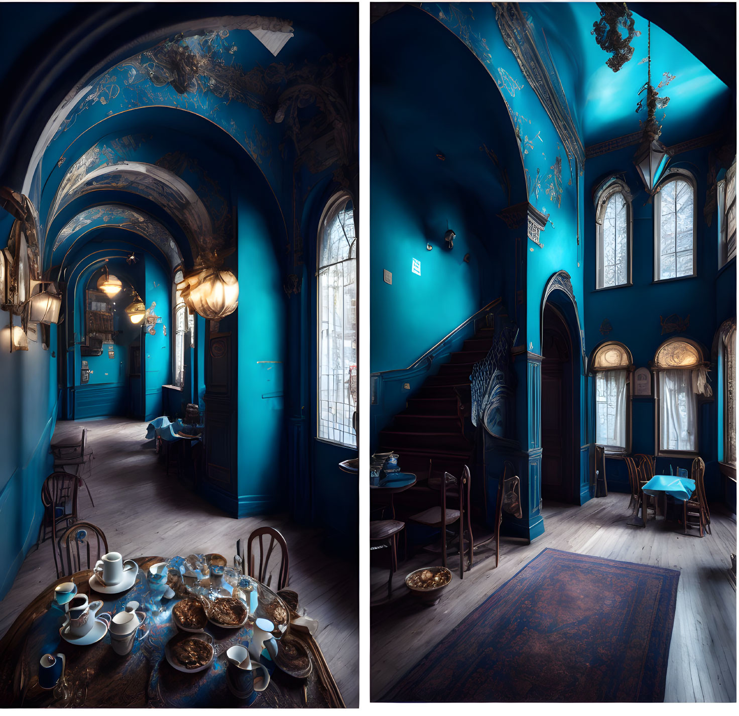 Luxurious Blue Dining Room with Baroque Decor and Vintage Furniture