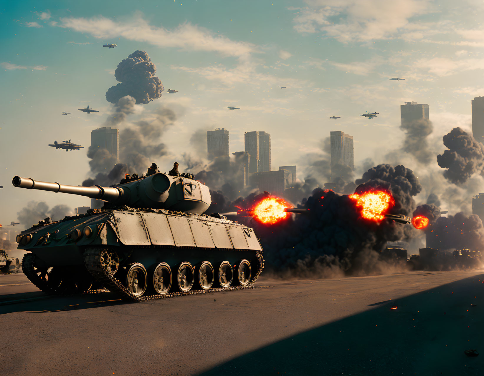 Tank rolling on road with explosions, aircraft, and city skyline with smoke.