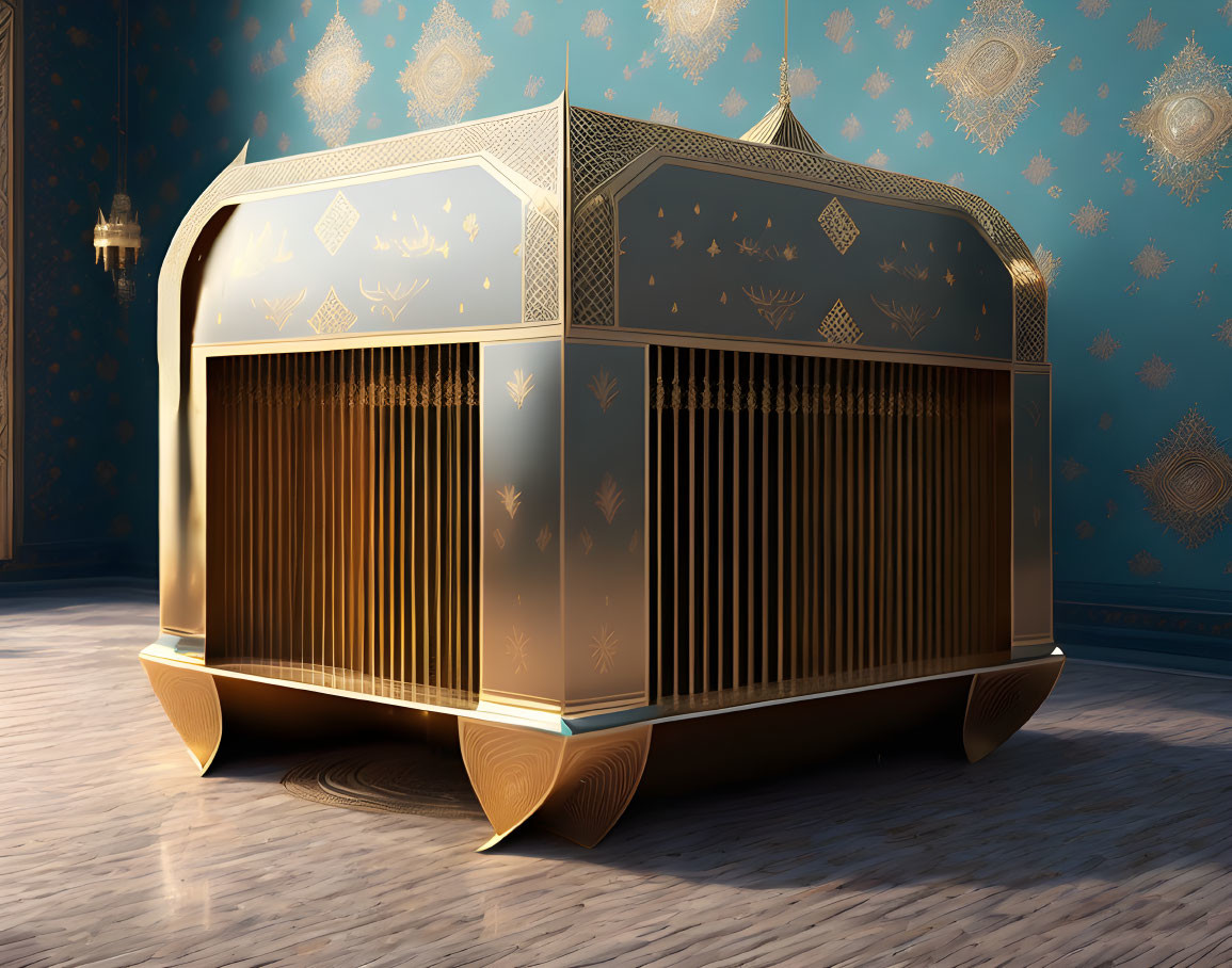 Golden cage with intricate design on wood floor against blue wall with star decorations