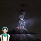 Futuristic attire with glowing headset in front of erupting volcano under starry sky