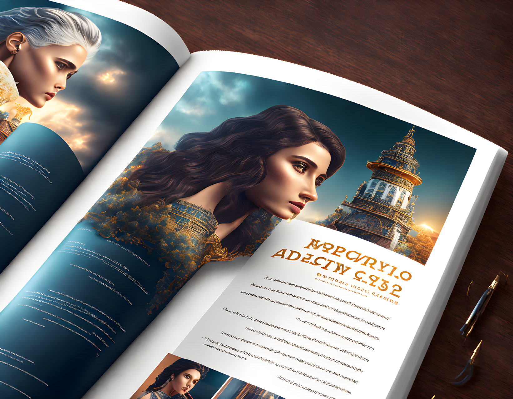 Artistic magazine advertisement with two stylized women's portraits and a lighthouse on wooden table