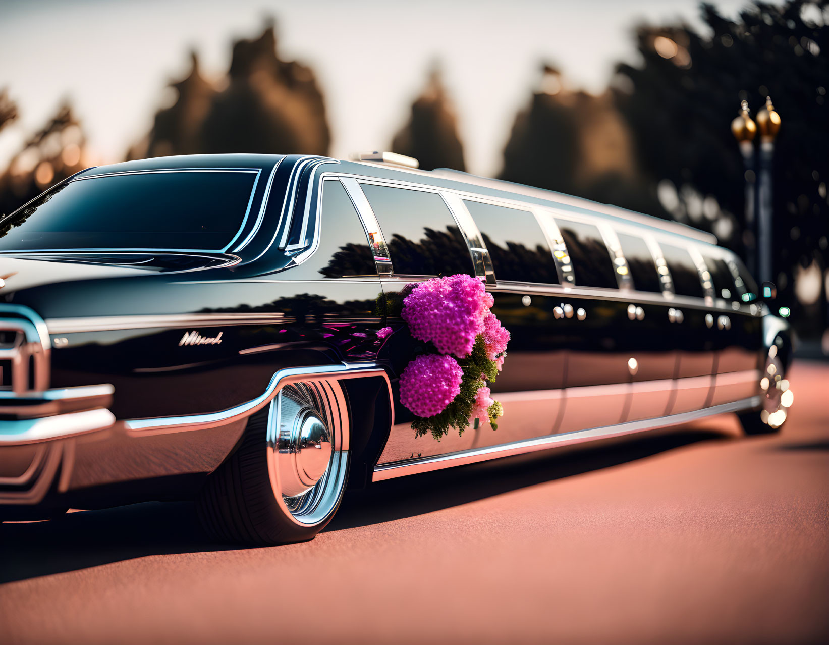 Luxurious Black Limousine with Pink Floral Bouquet and Chrome Details