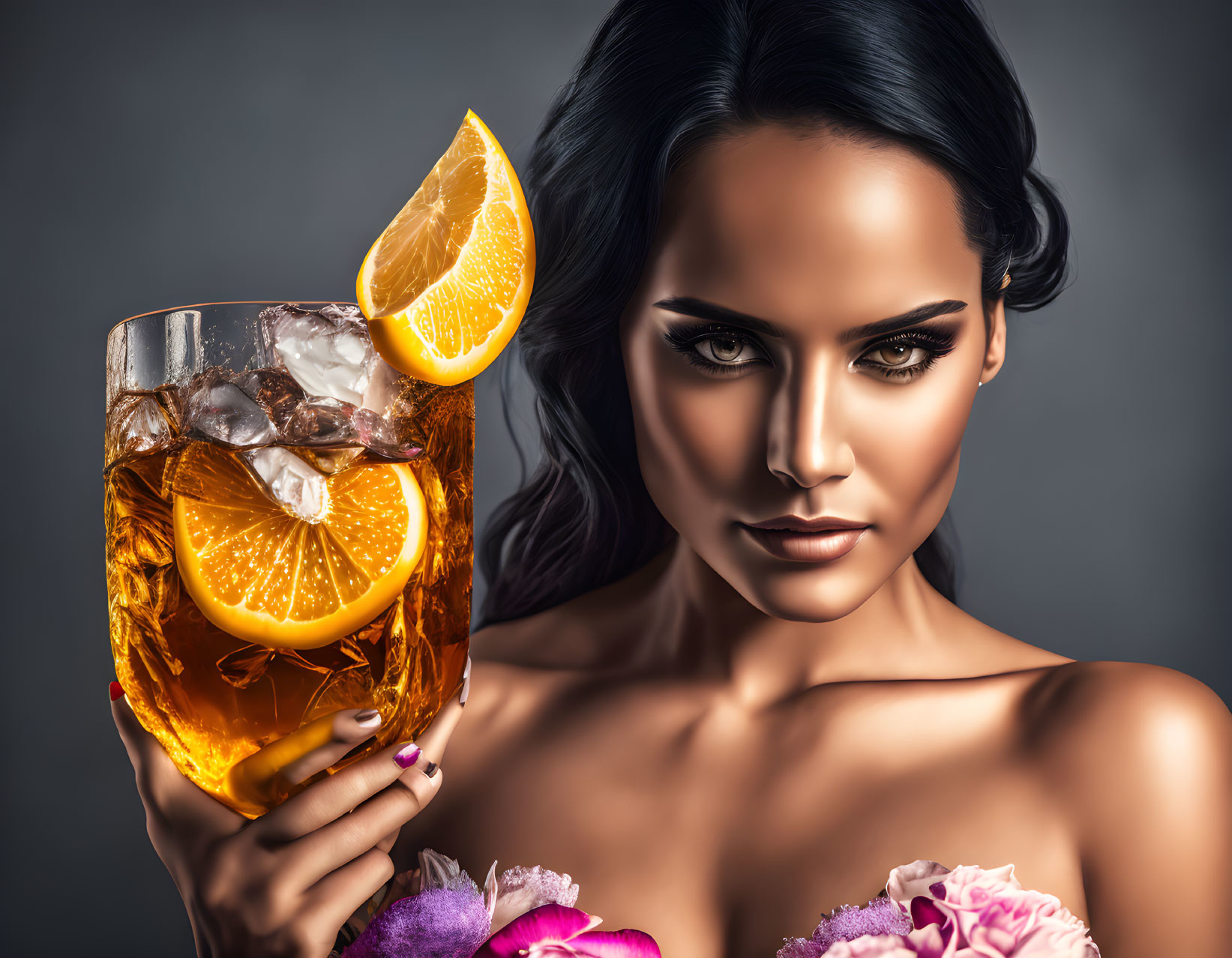 Woman with Striking Makeup Holding Glass of Iced Tea with Orange Slice