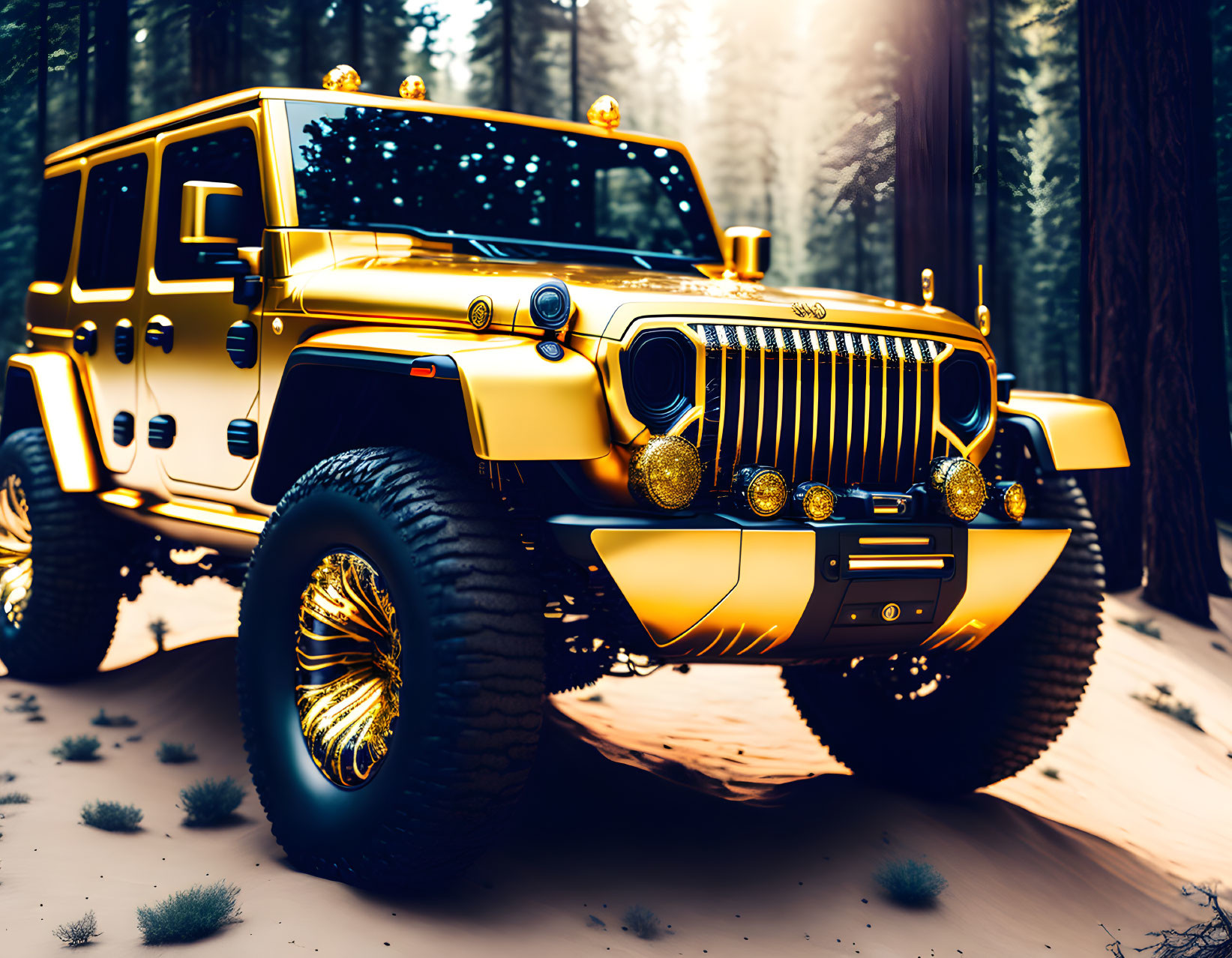 Golden SUV with large wheels parked in a forest under sunlight