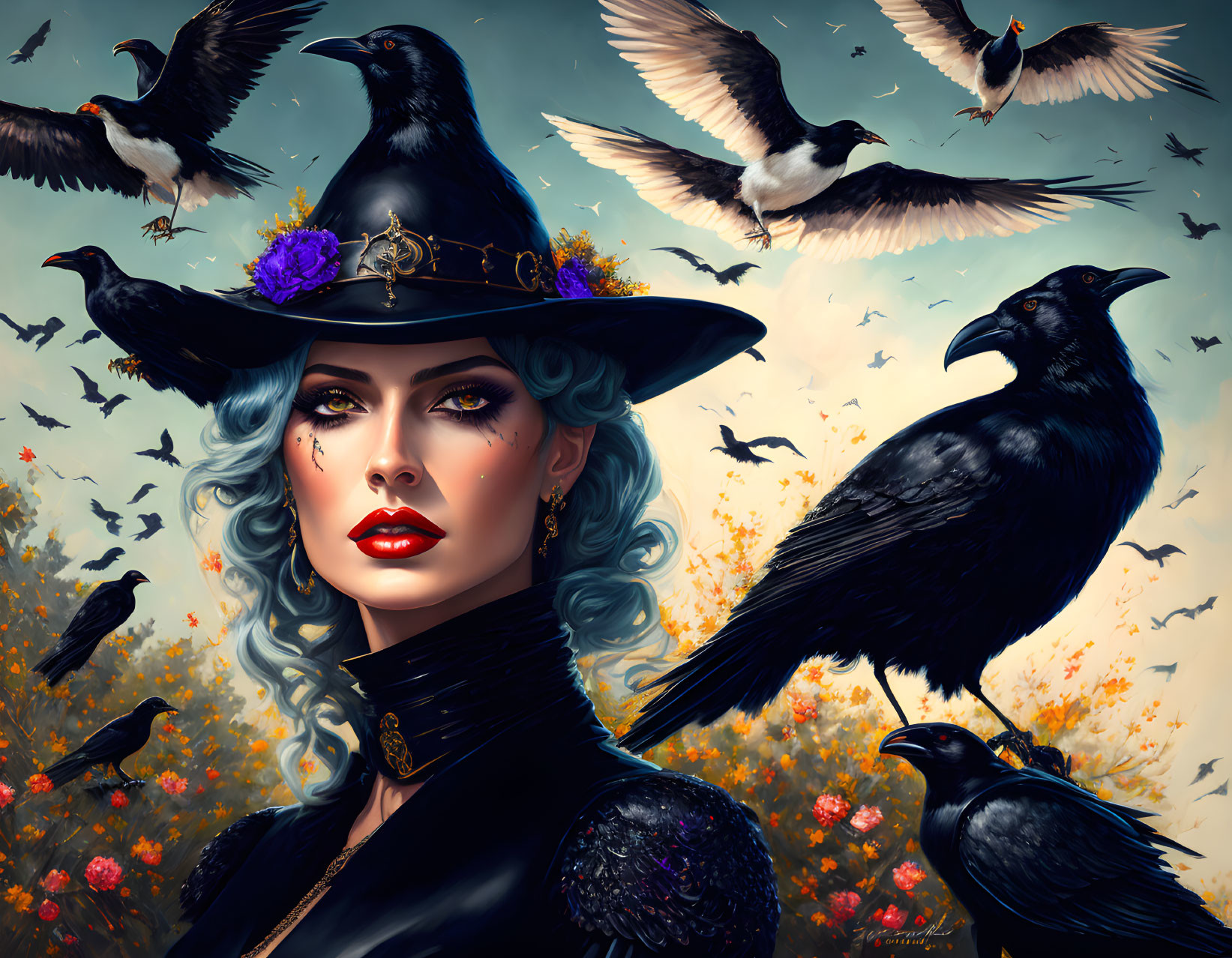 Illustration of pale-skinned woman with blue hair in witch hat with ravens in stormy sky