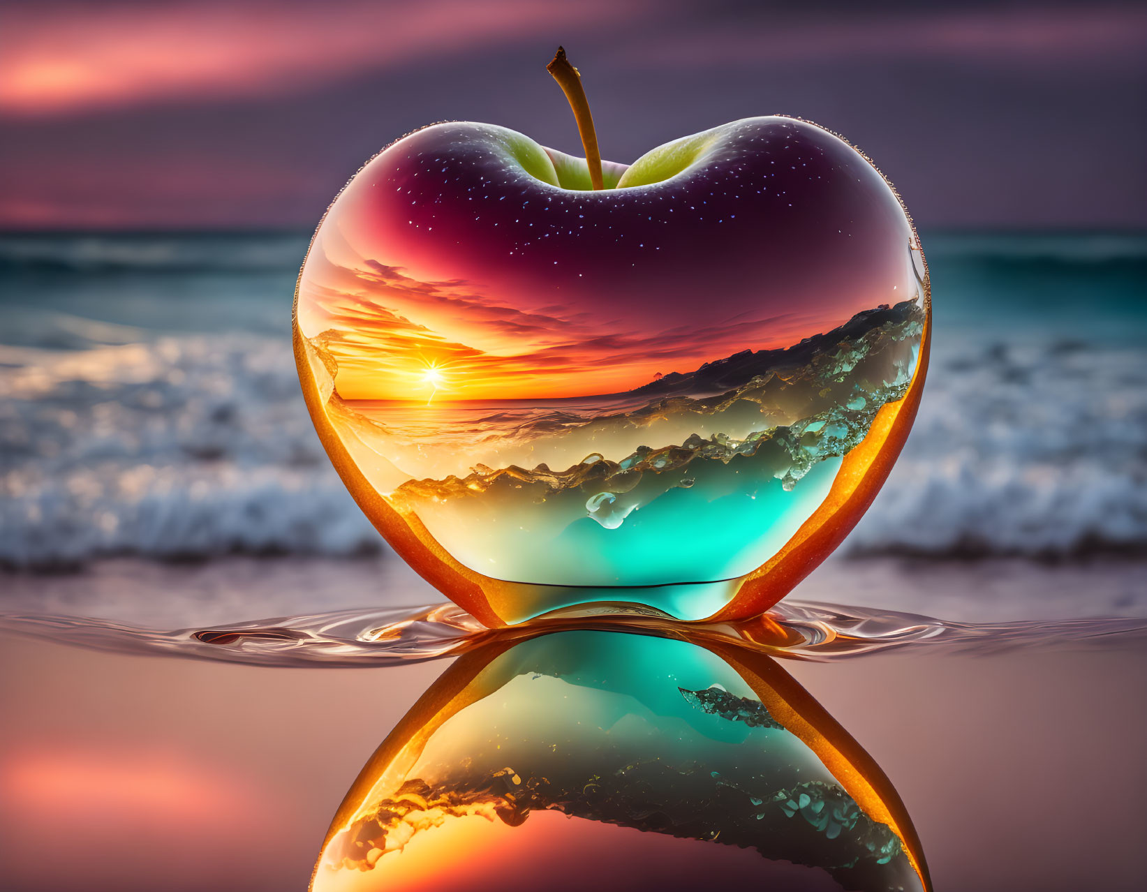 Transparent apple with cosmic core and beach scene reflection.