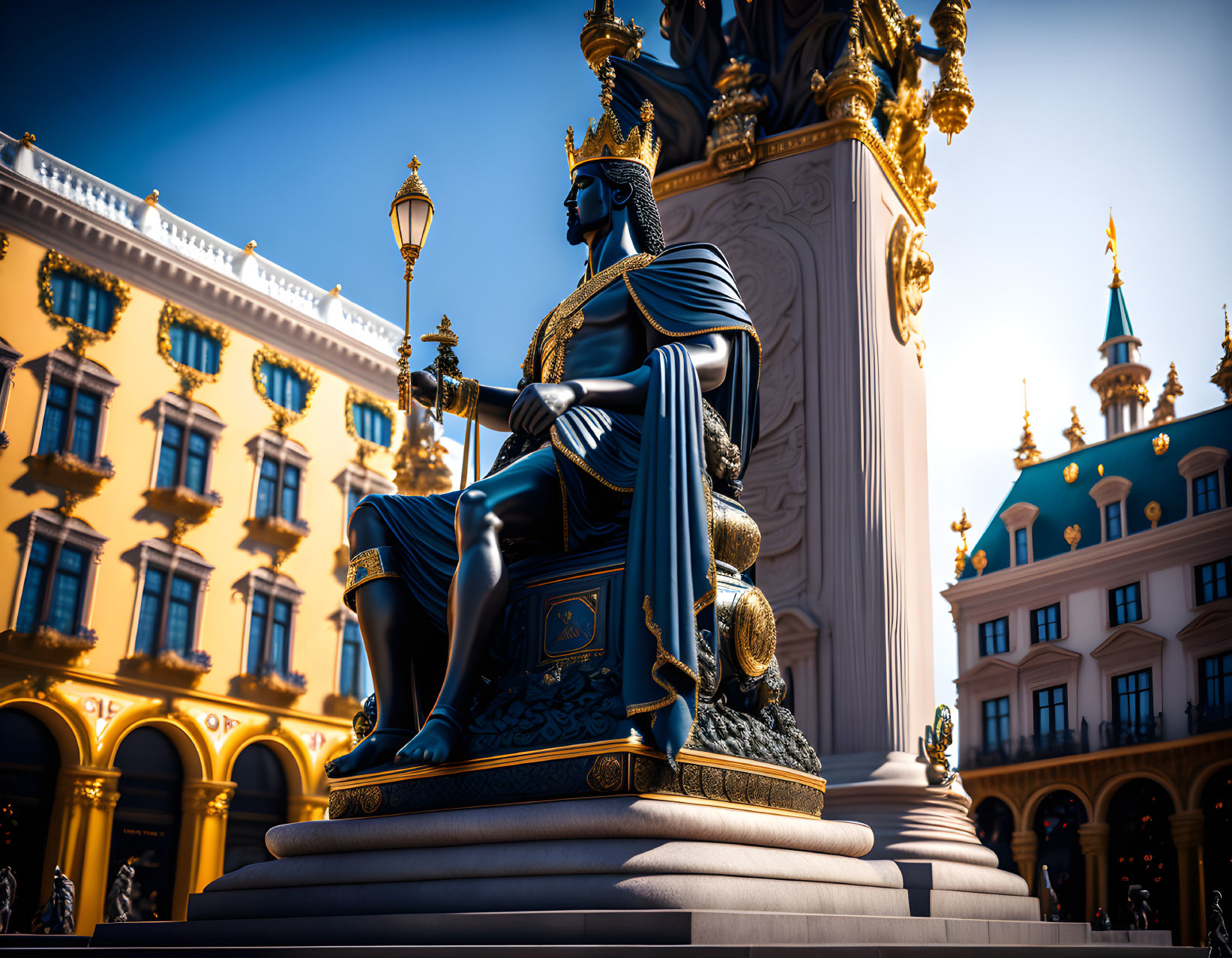 Seated black and gold statue with scepter against grand buildings and blue skies