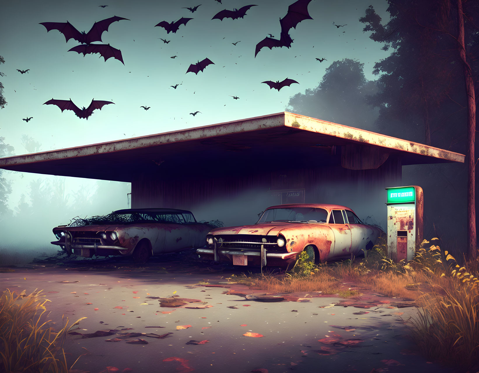 Desolate gas station with vintage cars and bats in eerie, overgrown scene