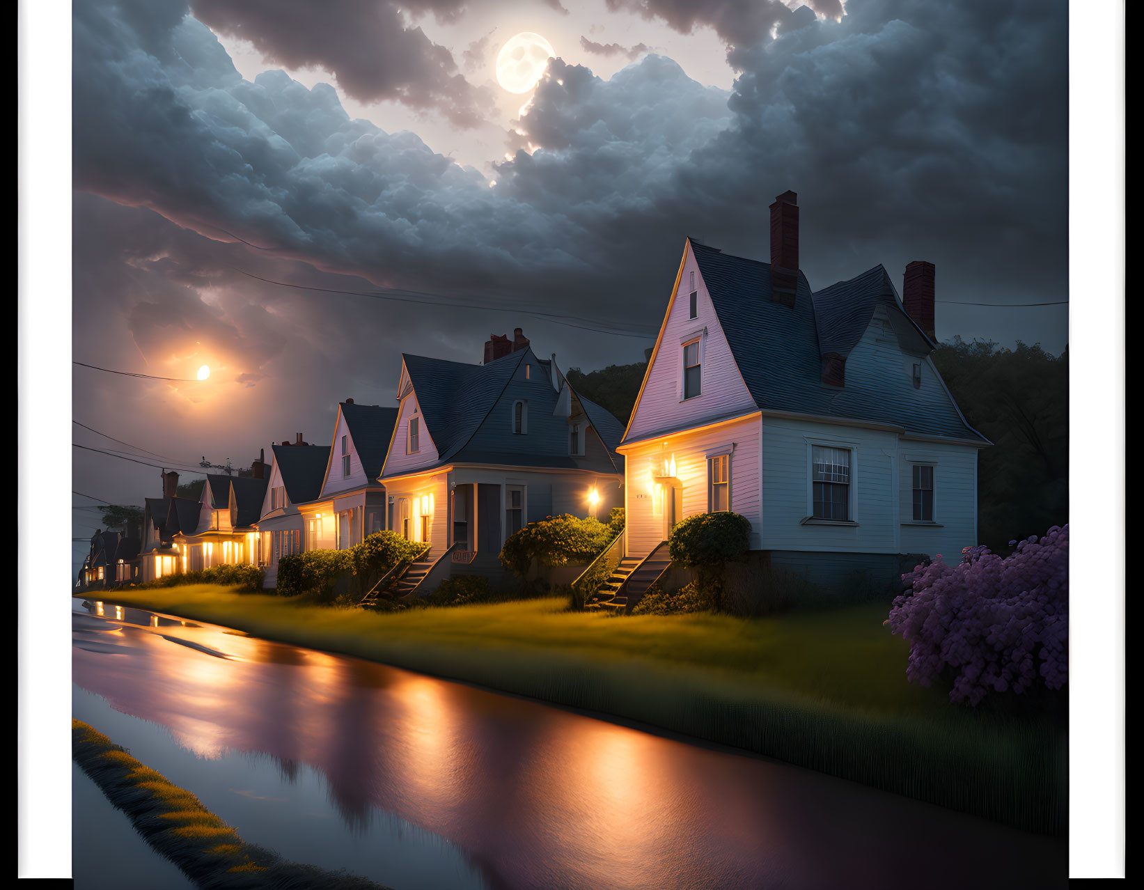 Moonlit Street Scene: Traditional Houses, Glowing Windows, Stormy Skies