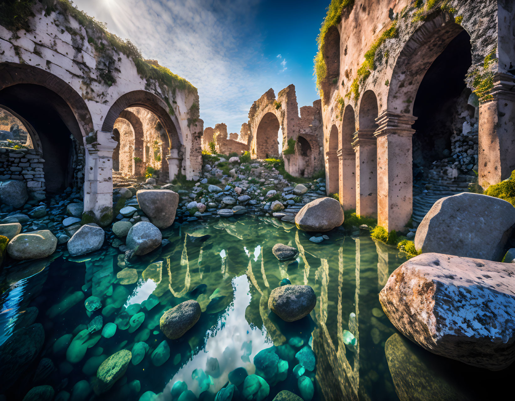 Ancient stone arch ruins by tranquil river under blue sky