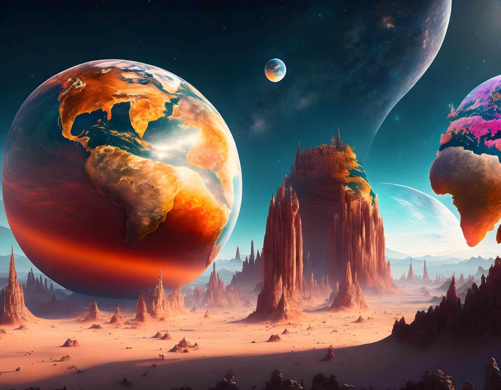 Vivid sci-fi landscape with multiple planets, towering rock formations, and starlit sky