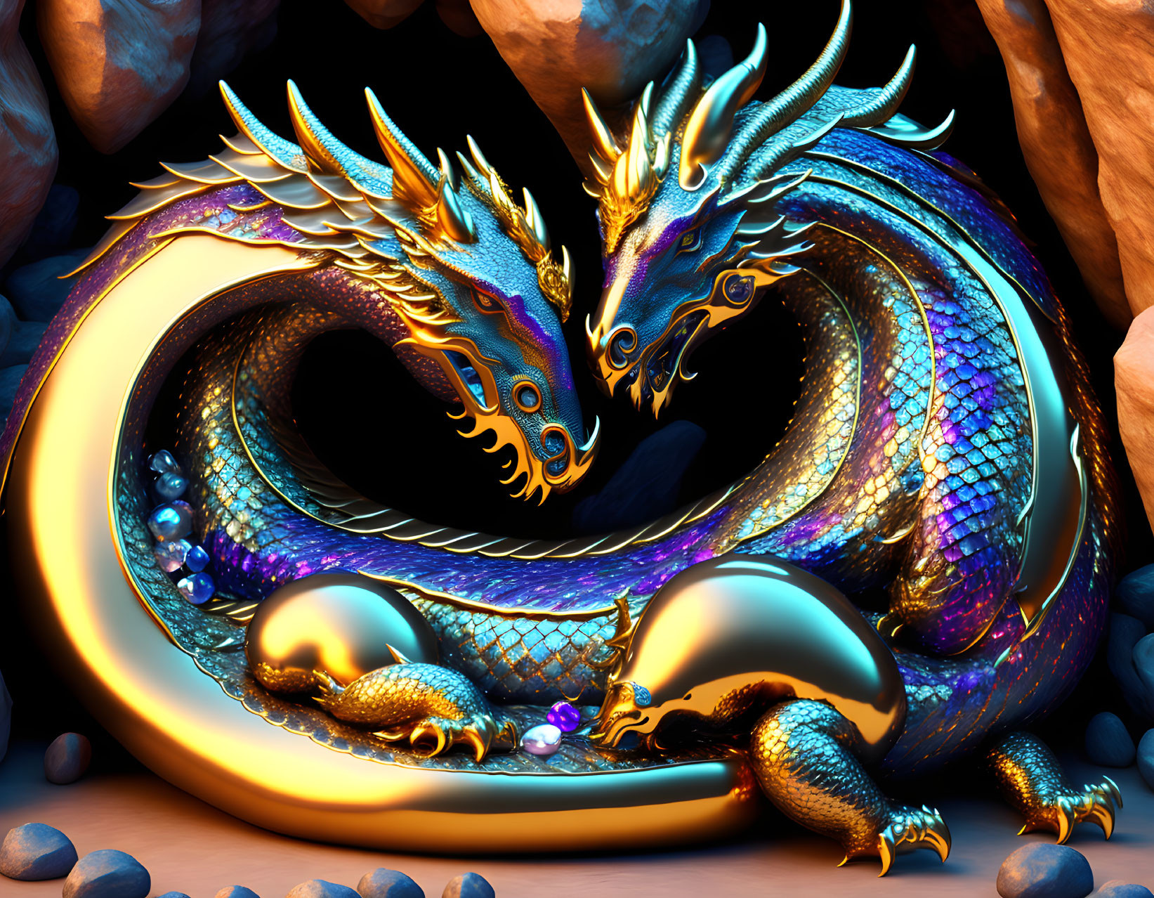 Golden and Blue Dragon Coiled in Gem-Adorned Cavern