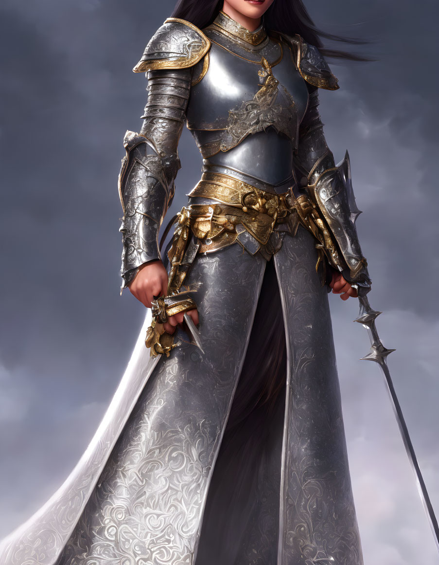 Medieval woman in ornate armor with sword against stormy sky