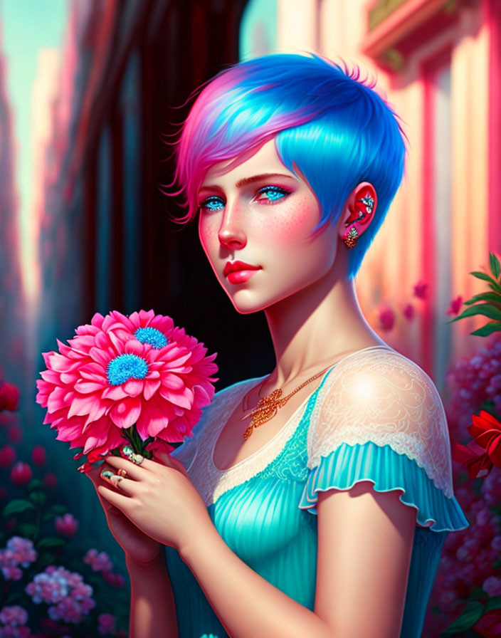 Portrait of Woman with Blue Hair and Pink Flowers in Stylish Attire