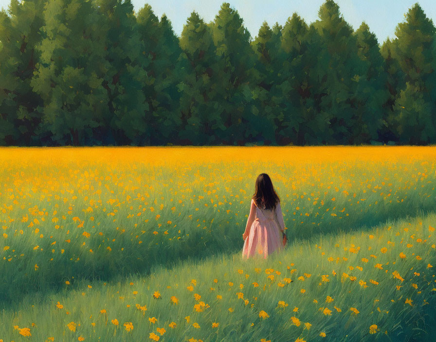 Girl in Pink Surrounded by Yellow Flowers in Nature Scene