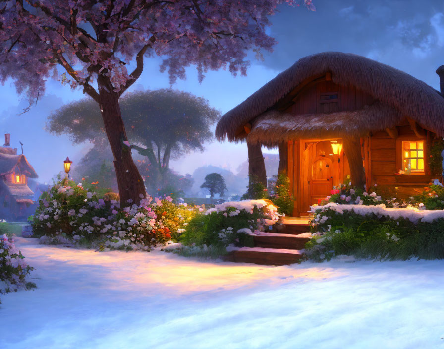 Cozy wooden cottage under cherry blossoms in snowy garden