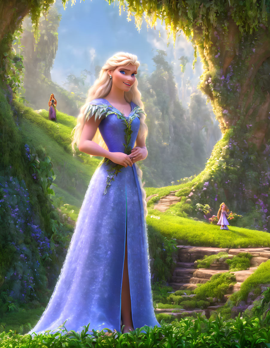 Animated princess in blue gown on forest path with dappled sunlight.