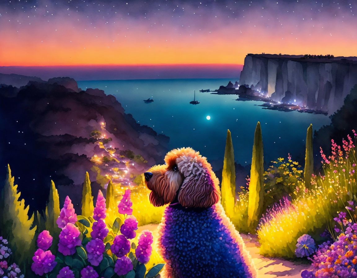 Poodle admiring serene seascape at twilight with stars and boats