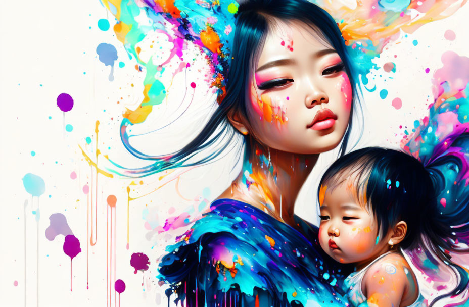 Colorful Abstract Artwork of Woman and Child with Multicolored Paint Splatter