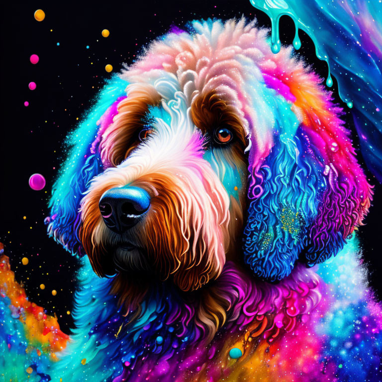 Vibrant dog portrait in cosmic colors on dark backdrop