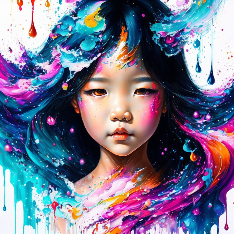 Colorful portrait of young girl with flowing hair in blue, pink, and purple swirls