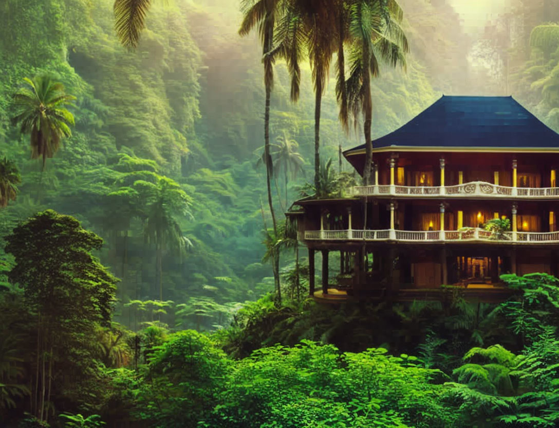 Tranquil jungle scene with wooden house and blue roof amid lush greenery