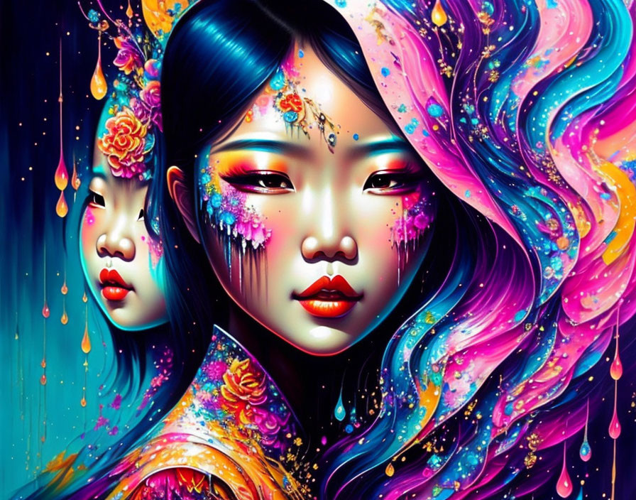 Vibrant digital artwork: stylized Asian women with colorful hair and floral motifs