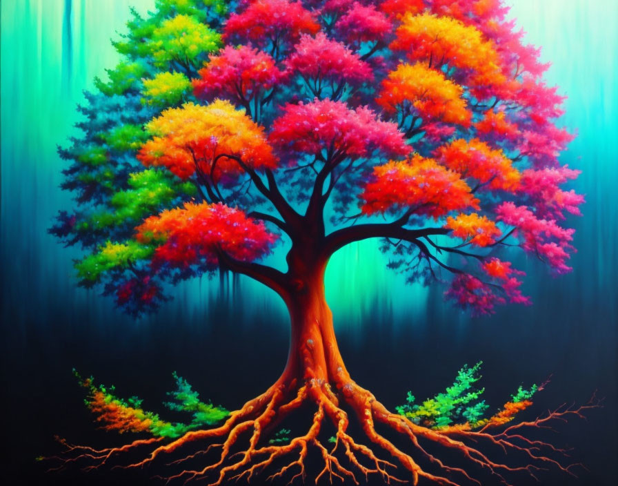 Colorful Tree Painting on Aurora Background