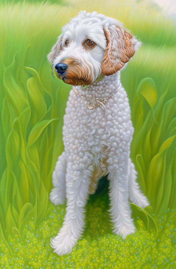 White Curly-Coated Dog Sitting Among Wildflowers on Green Grass