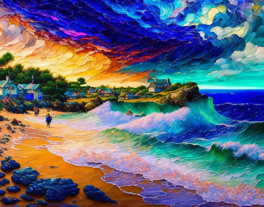 Impressionist-style coastal village painting with vibrant waves and colorful sky