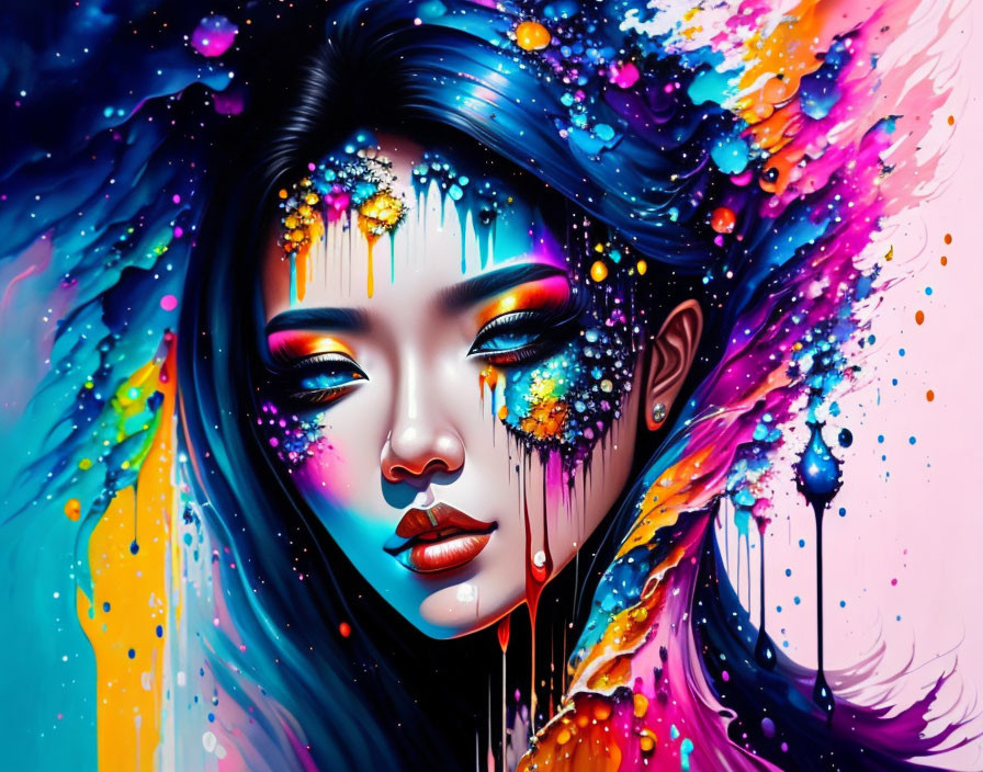 Colorful digital artwork of woman with paint splashes on face and hair.