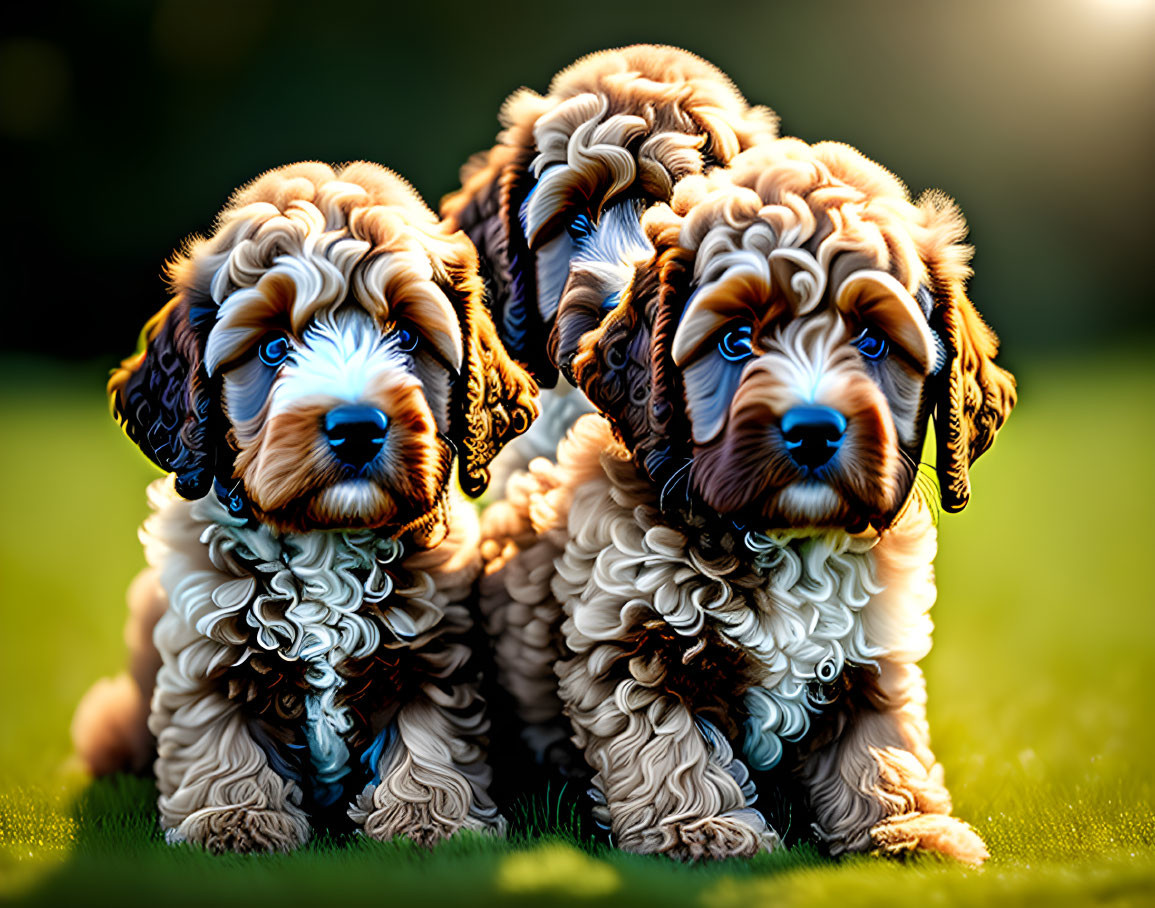 Three fluffy puppies with wavy fur in warm sunlight