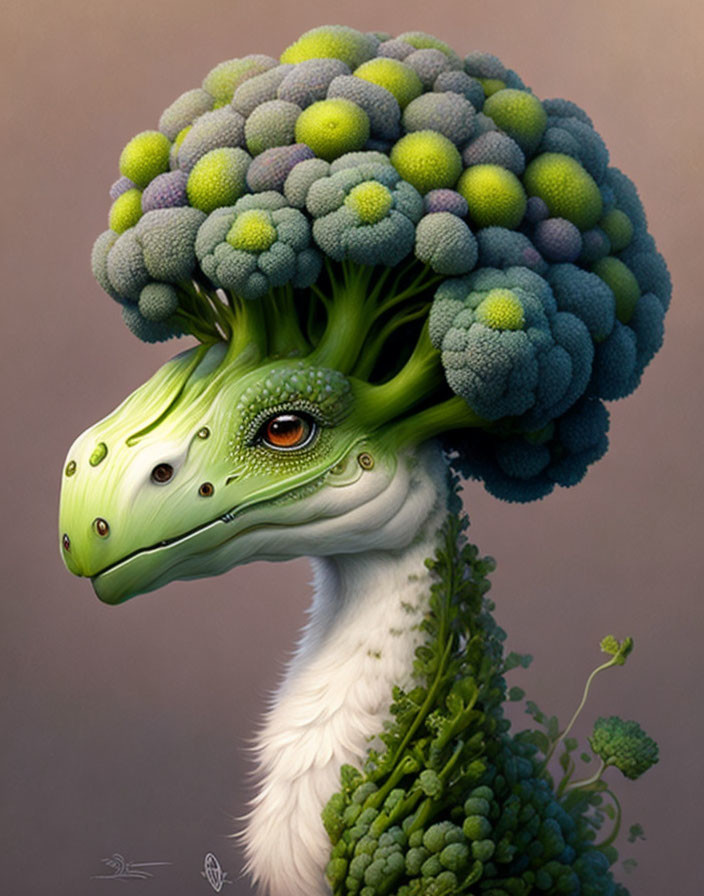 Dinosaur-like creature with furry neck and broccoli crown.