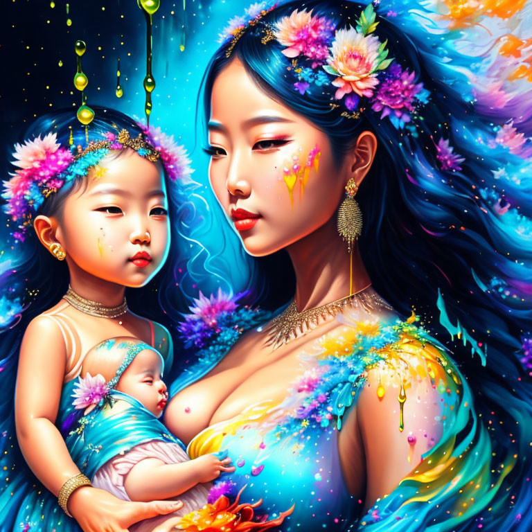 Colorful Illustration of Woman, Child, and Baby with Floral Accents