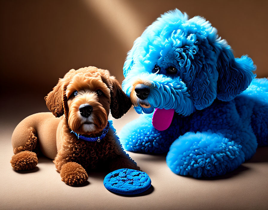 Brown and blue toy dogs with pink tongue next to blue cookie.