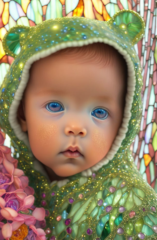 Illustrated baby with blue eyes in green hood surrounded by flowers on stained-glass.