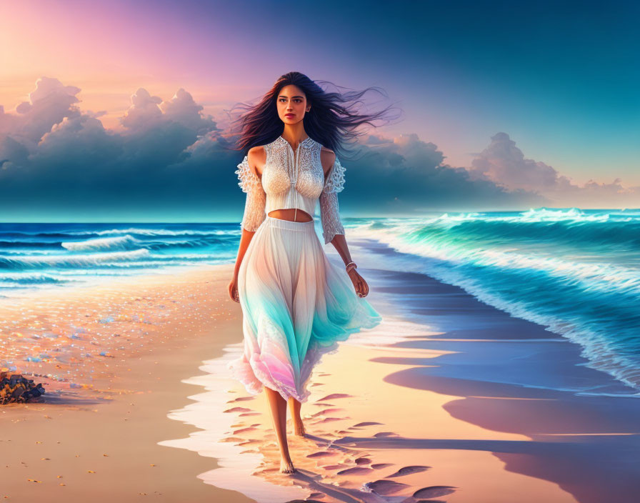 Woman walking on beach at sunset with colorful dress, waves, and vibrant sky.