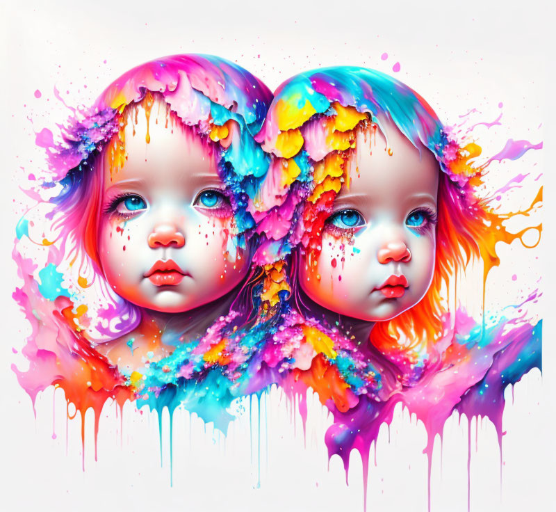 Vibrant digital artwork: Twin girls with melting hair in purple, blue, and pink