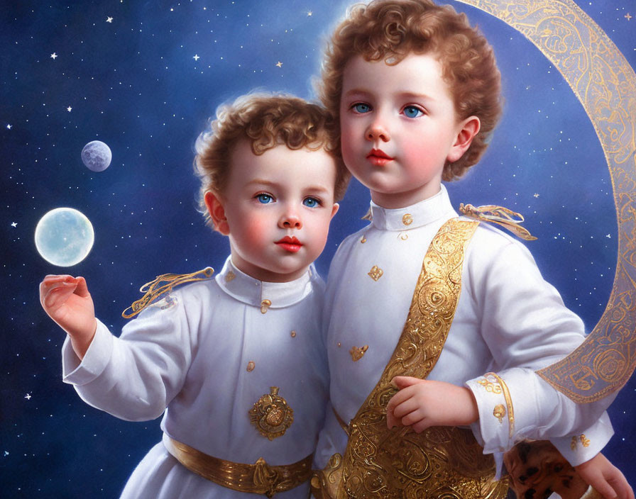 Children in ornate white outfits against cosmic backdrop