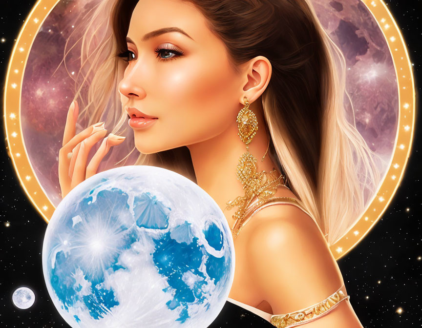 Digital artwork of woman with golden jewelry and celestial background