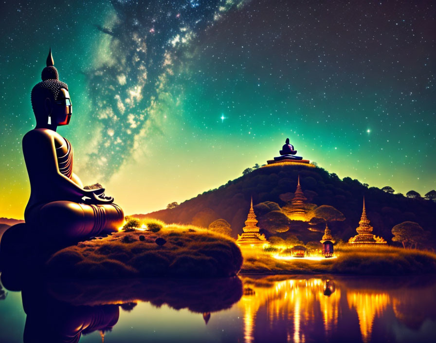 Buddha statues meditating under starry night sky by tranquil water