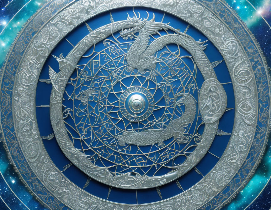 Silver Dragon on Celtic Knot with Zodiac Symbols and Blue Gem Center