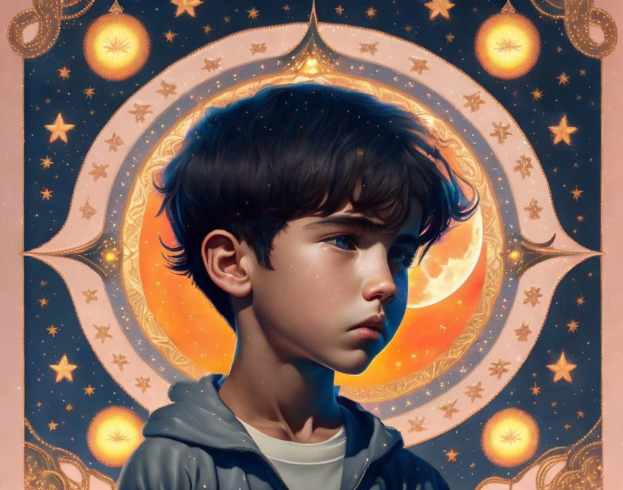 Dark-haired boy in serious expression against celestial background with stars and moons