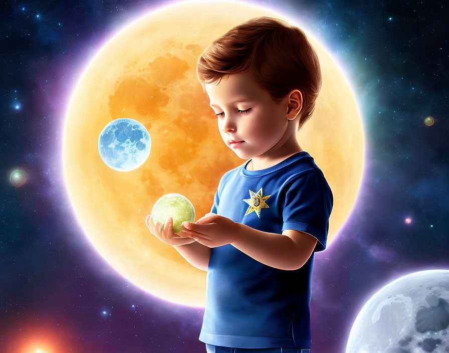 Child holding glowing globe in front of celestial bodies.