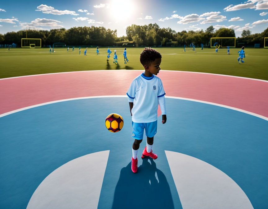 Young boy in soccer gear on colorful field watching game at sunset.