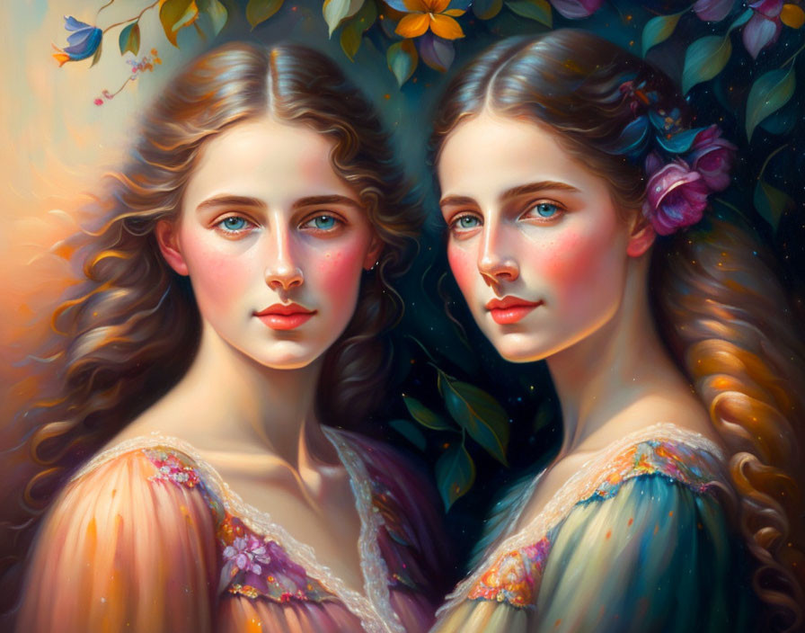 Ethereal beauty of two women with wavy hair and radiant skin against floral backdrop